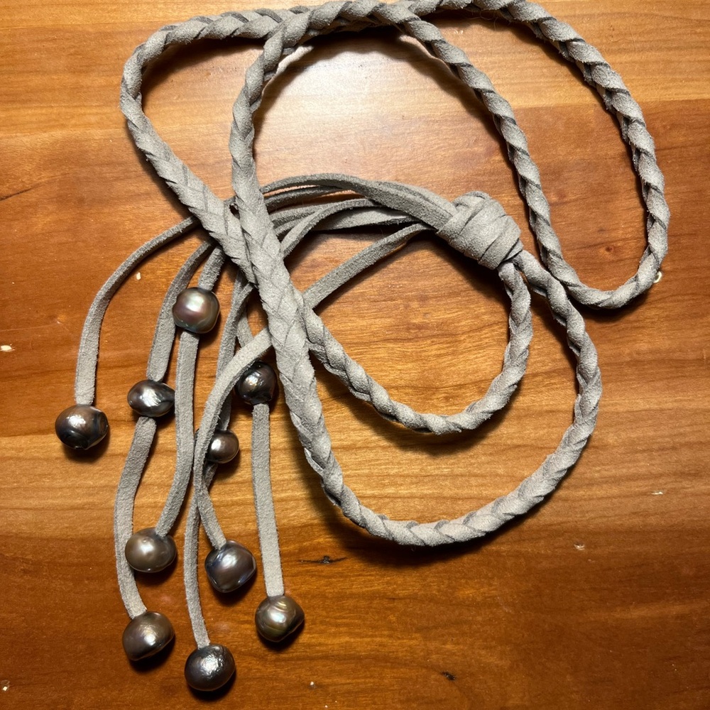 Gray Leather Braided Rope Necklace with Tahitian Pearl-beaded Tassel